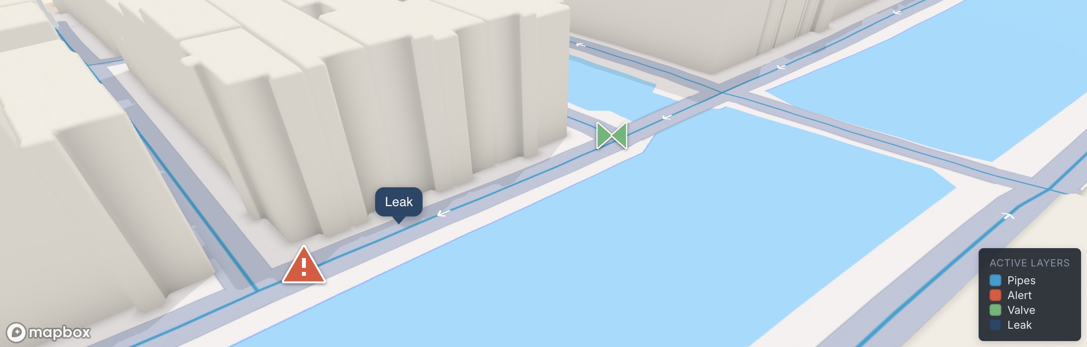 HULO over a 3D city map: the mains drawn in blue along the streets and under a canal, a leak marked on one of them, an alert on the same run, the valve that isolates it, and a legend naming the active layers.